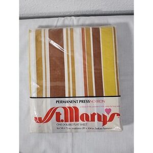 Vtg ST. MARY'S Double Flat Bed Sheet Campus Stripe Yellow Brown Orange 81x104
